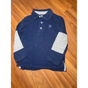 Mini Boden‎ Boys Polo Shirt 3-4Y Blue Long Sleeve Dog Patch Elbow Patch